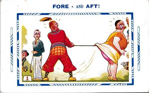 1930s-golf-postcard-fore-and-aft-golfing-humour-husband-and-wife-up-skirt-comic series bamforth cards