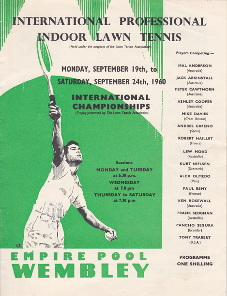 1960 international professional inddor lawn tennis memorabilia empire pool wembley programme hoad trabert olmedo segura sedgman