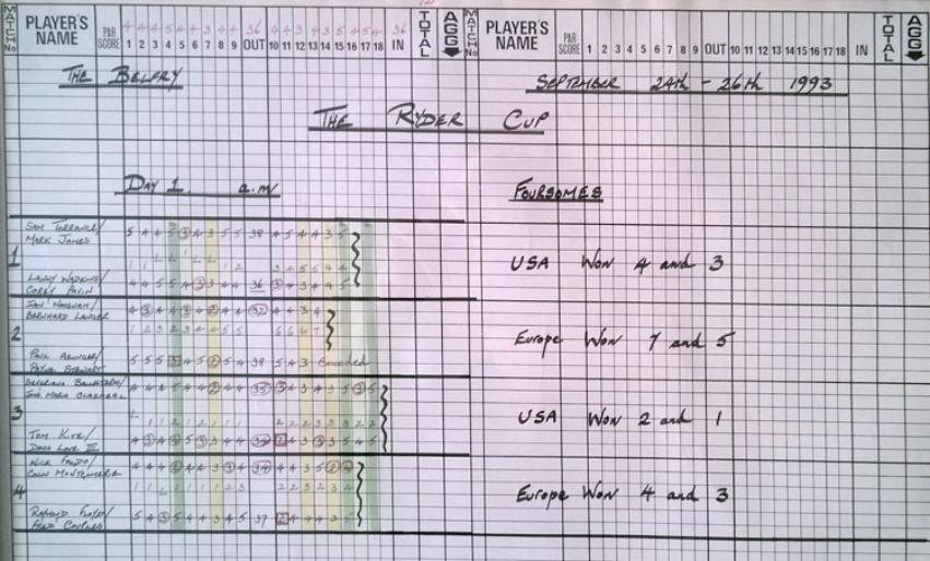 1993 Ryder Cup Golf Official BBC Scorecards Framed signed Peter Alliss Alex Hay Bruce Crictchley Dave Marr Day 1 Morning