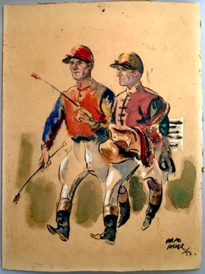 Two-Jockeys-horse-painting-artist-Harold-Packer-signed-watercolour-on-board-horse-racing-memorabilia-equestrian-fine-art-1952