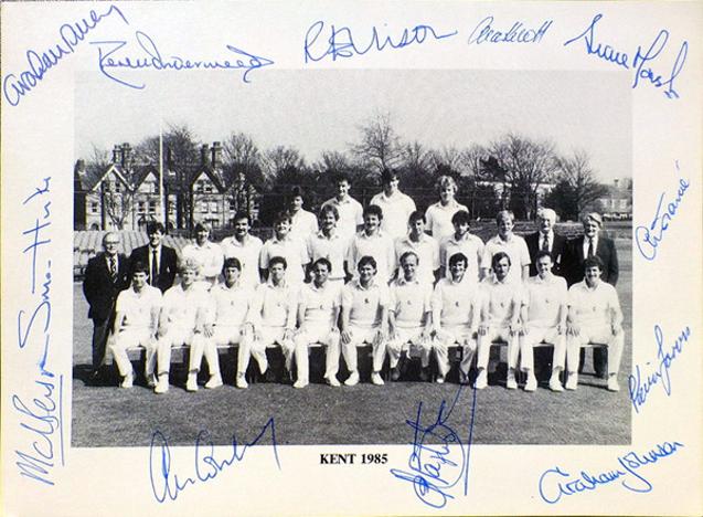Kent-Cricket-memorabilia-KCCC-signed-team-photo-1985-Kent-Spitfires-autographs-Underwood-Knott-Cowdrey-Tavare-Dilley-Jarvis-Johnson-Ellison-Benson-Marsh-Baptiste