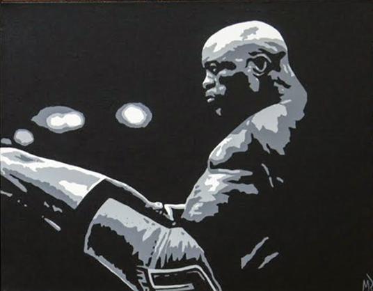 Anderson-Silva-memorabilia-signed-artist-Mike-Ramirez-painting-UFC-memorabilia-Spider-autograph-head-shot-face kick portrait