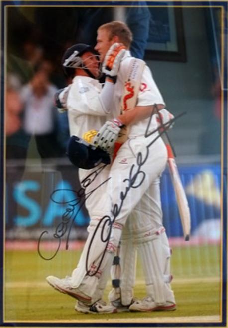 Andrew-Flintoff-autographed-signed-2005-Ashes-cricket-memorabilia-Freddie-Geraint-Jones-autograph-England-Australia-framed-victory-montage