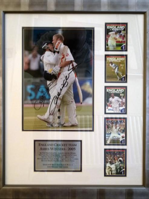Andrew-Flintoff-autographed-signed-2005-Ashes-cricket-memorabilia-Geraint-Jones-autograph-England-Australia-Freddie-framed-victory-montage