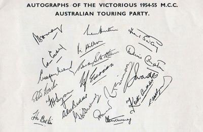 Australia-Ashes-cricket-memorabilia-1954-1955-tour-review-booklet-England-Schools-Cricket-Association-54-55-cowdrey-signature-hutton-compton-edrich-evans