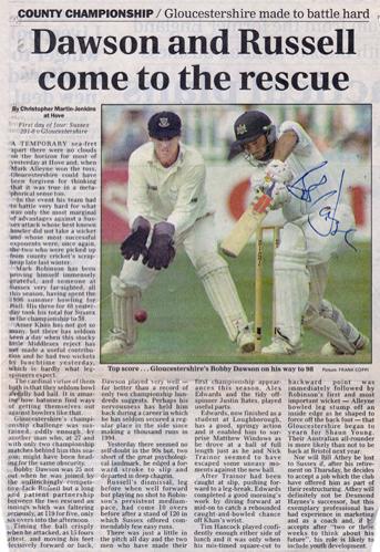 Bobby-Dawson-autograph-signed-Gloucestershire-Gloucs-CCC-cricket-memorabilia-newspaper-picture-98-sussex-county-batsman-signature-robert