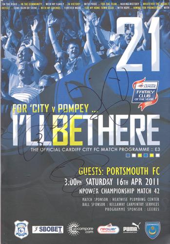 Cardiff-City-football-memorabilia-signed-Ill-be-there-matgh-day-programme-April-2011-Portsmouth-autograph-team-squad-signatures-burke-santiago-parkin-meades