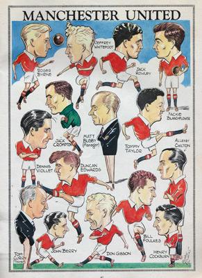 Charles-Buchan-Football-Monthly-October-1954-Oct-manchester-united-man-utd-sir-matt-busby-babes-caricatures-cartoon-artwork-art-duncan-edwards