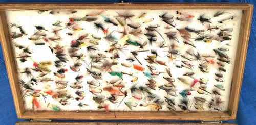 Cheney-fly-fishing-box-hand-tied-flies-angling-memorabilia-dry-wet-vintage-fisherman-angler-fish-sea-trout-salmon-grayling-river-lake-quality-hooks-wooden-dubbing-silk
