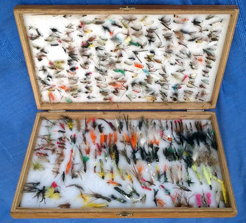 Cheney-fly-fishing-box-hand-tied-flies-angling-memorabilia-dry-wet-wooden-vintage-angler-fisherman-fish-sea-trout-salmon-grayling-river-lake-quality-hooks-dubbing-silk