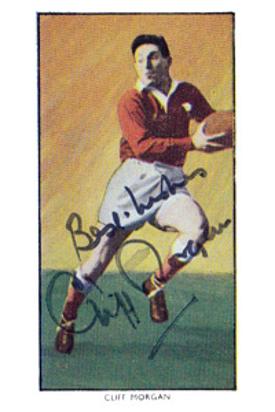 CLIFF MORGAN memorabilia (Cardiff, Wales & Lions) signed 1950s cigarette card rugby memorabilia