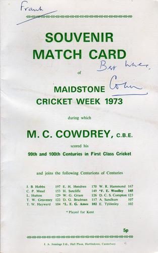 Colin-Cowdrey-memorabilia-autograph-signed-Kent-cricket-memorabilia-Sir-Lord-signature-one-hundred-100s-celebration-scorecard-Maidstone-cricket-week-1973-KCCC