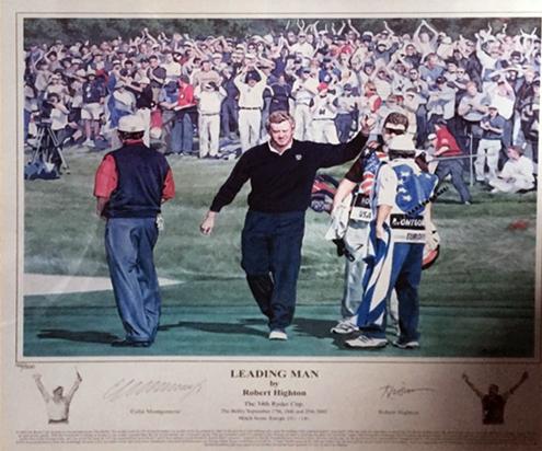 Colin-Montgomerie-memorabilia-Colin-Montgomerie-autograph-signed-Ryder-Cup-golf-memorabilia-Leading-Man-Robert-Highton-artist-Monty-limited-edition-print-framed