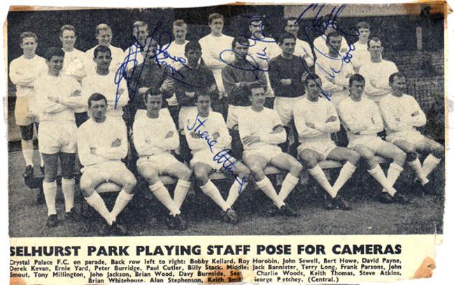 CRYSTAL PALACE FC Signed 1984/5 B&W programme team pic. Players & staff signed x15 inc: Steve Coppell (manager), Peter Nicholas, Chris Whyte, Henry Hughton, George Wood, Trevor Aylott, Gary Stebbing, Alan Irvine, Gary Locke, Jim Cannon, Phil Barber, Brian Sparrow, Jerry Murphy & Stan Cummins
