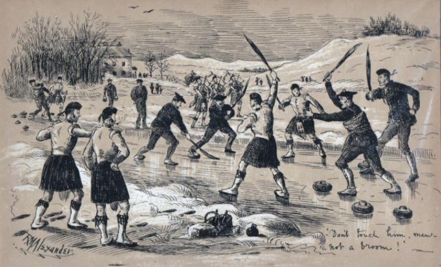 Curling-memorabilia-lithograph-cartoon-1886-RM-Alexander-broom-scotland-winter-sports-rare-antique-print