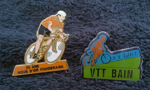 Cycling-memorabilia-cycling-badges-cycling-jewellery-bicycle-bicycling-bling-pin-badge-VTT-Bain-20-ans-roue-dor-fougeraise