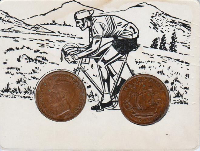 Cycling-memorabilia-halfpenny-wheels-cyclist-road-race-british-coins-art-work-cartoon-framed-cycle-bicycle