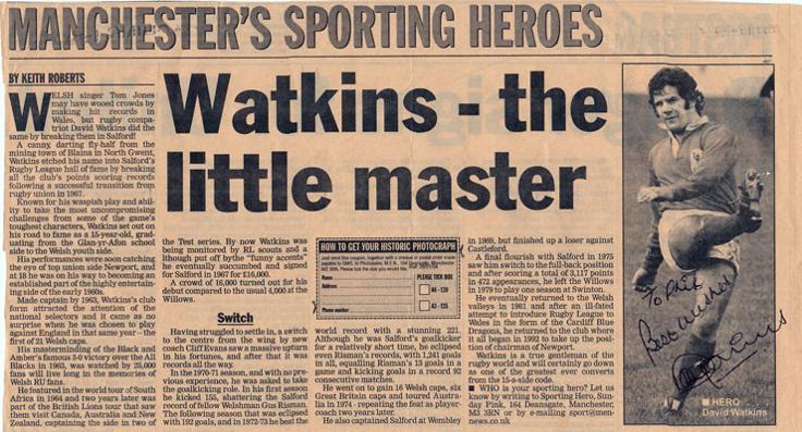 DAVID WATKINS memorabilia signed Rugby League memorabilia newspaper article Salford Wales rugby union memorabilia