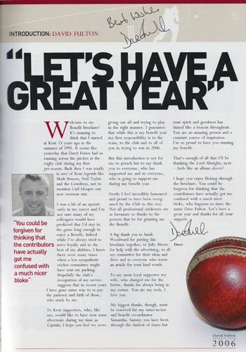 DAVID-FULTON-autograph-signed-Kent-cricket-memorabilia-2006-benefit-brochure-KCCC-captain-spitfires-sky-sports-dave-signature
