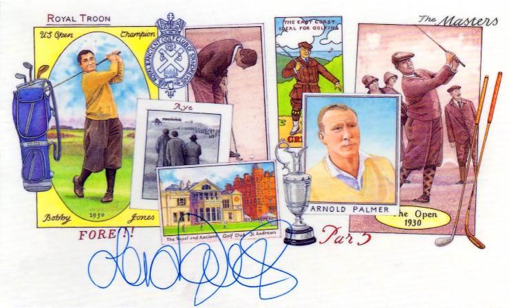 Dame Laura Davies signed historical golf birthday card Arnold Palmer Bobby Jones St Andrews memroabilia