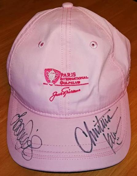 Dame Laura Davies autograph signed adidas golf memorabilia cap christina kim paris international solheim cup pink women golfer
