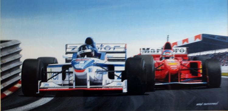DAMON HILL (Arrows) & MICHAEL SCHUMACHER (Ferrari) Artist Ivan Berryman signed 11
