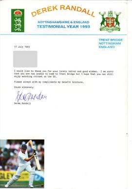 DEREK RANDALL (Notts CCC & England) Autographed 1993 Benefit Brochure + Accompanying signed letter.
