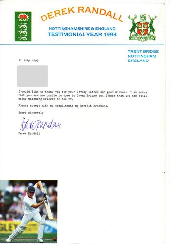Derek Randall signed Notts CC 1993 Benefit Year Letter 
