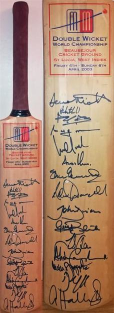 Double-Wicket-World-championships-cricket-bat-2003-west-indies-andrew-flintoff-autograph-adam-hollioake-signed-vettori-oram-blewett