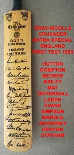 England cricket-memorabilia-1953-ashes-test-series-signed-gray-nicolls-bat-hutton-laker-may-bedser-compton-autograph-crusader