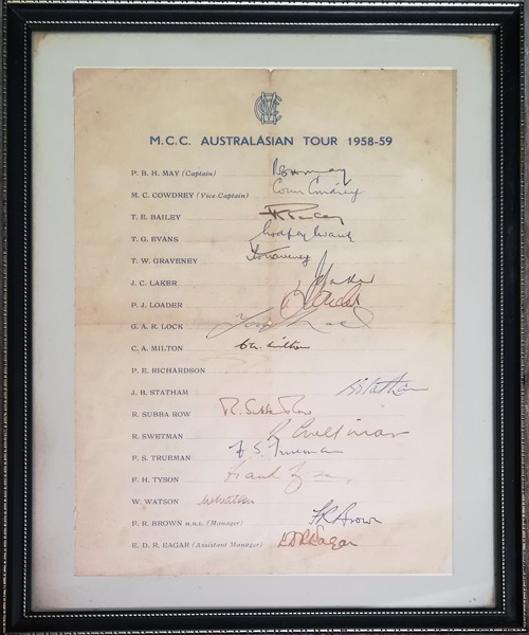 England-cricket-memorabilia-signed-1958-59-Ashes-tour-team-sheet-ECB-MCC-May-Cowdrey-autograph-Bailey-Evans-Graveney-Laker-Tyson-Statham-Trueman-Lock