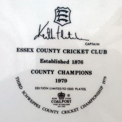 Essex-county-cricket-memorabilia-club-1979-schweppes-champions-commemorative-plate-limited-edition-coalport-porcelain-china-badge-keith-fletcher-signature
