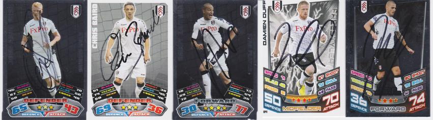 Fulham-FC-football-memorabilia-signed-Match-Attax-player-cards-Duff-Zamora-Baird-Riise-Petric-autograph