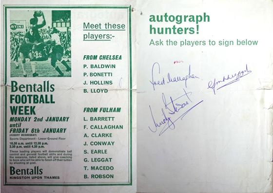 Fulham-fc-football-memorabilia-Bentalls-Football-Week-player-autographs-Graham-Leggat-autograph-Fred-Callaghan-Micky-stewart-Chelsea-signed-1960s