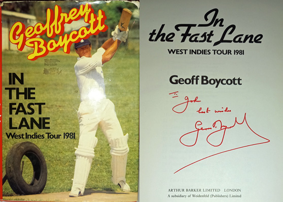Geoff-Boycott-autograph-signed-yorkshire-cricket-memorabilia-book-in-the-fast-lane-west-indies-1981-tour--england-boycs