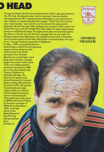 George-Graham-autograph-signed-Arsenal-fc-football-memorabilia-AFC-Gunners-1984-FA-Cup-programme-Manager-Stroller-Chelsea-Scotland