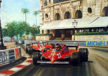 GILLES VILLENEUVE memorabilia limited edition framed print Villeneuve taking Casino Square on his way to victory in the 1981 Monaco GP driving a Ferrari 126CK Ferrari memorabilia