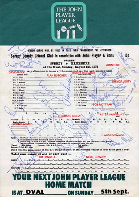 Hampshire-cricket-memorabilia-1976-Surrey-Hants-CCC-John-Player-sunday-league-match-signed-scorecard-Barry-Richards-Cowley-Jesty-Gilliat-rice-mottram-turner-autographs