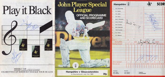 Hampshire cricket memorabilia 1983 Hants CCC John Player sunday league match signed scorecard programme autographs malcolm marshall paul terry cowley bournemouth