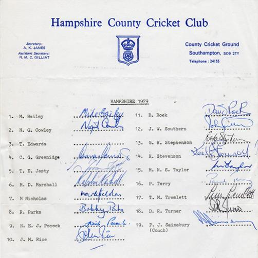 Hampshire-cricket-memorabilia-signed-team-sheet-hants-ccc-malcolm-marshall-autograph-gordon-greenidge-signature-mark-nicholas-terry-tremlett-jesty-rice-parks
