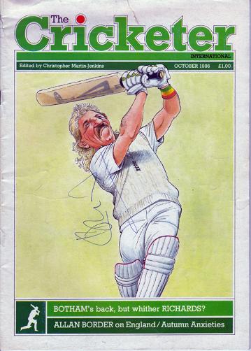 IAN BOTHAM hand-signed 1986 Cricketer mag cover - John Ireland caricature.