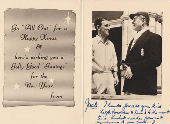 Jack-Warner-autograph-jack-warner-memorabilia-dixon-of-dock-green-signed-cricket-memorabilia-sir-len-hutton-memorabilia-xmas-christmas-card-The-Final-Test-1953