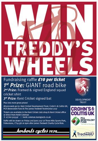 James Tredwell Treddy Testimonial Cycle Ride Giant Bike Raffle Flyer Win Herberts Kent Cricket Community