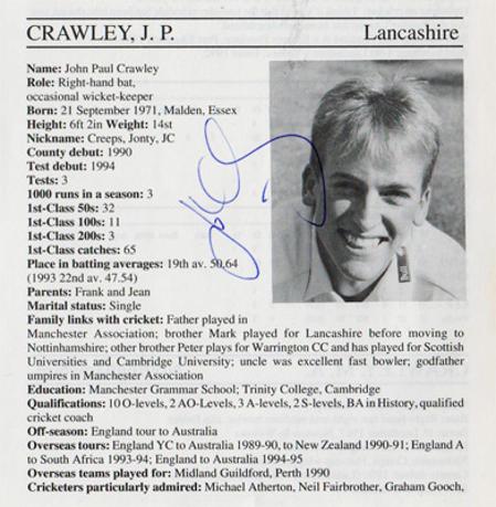 John-Crawley-autograph-signed-lancashire-cricket-memorabilia-signature-england-batsman-1995-lancs-county-cricketers-whos-who-hampshire-creepy