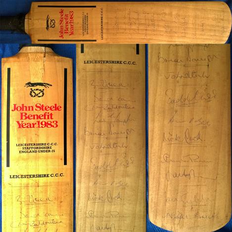 John-Steele-memorabilia-Leics-CCC-cricket-memorabilia-signed-1983-Benefit-cricket-bat-David-Gower-Andy-Roberts-Agnew-Briars-Foxes-Leicestershire-memorabilia