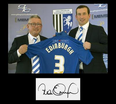 Justin-Edinburgh-autograph-signed-Gillingham-FC-football-memorabilia-owner-Paul-Scally-manager-coach-the-gills-signature-Priestfield-Stadium