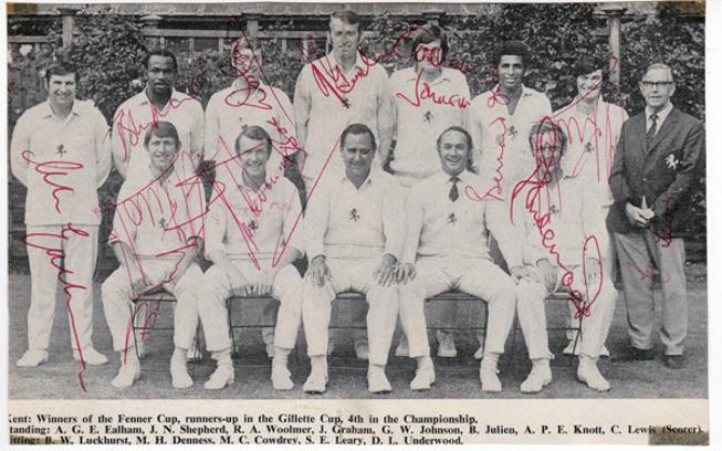 Kent-CCC-signed-cricket-memorabilia-team-photo-Luckhurst-Woolmer-Shepherd-Cowdrey-Knott-Underwood-Ealham-Denness-Julien-Nicholls-autograph