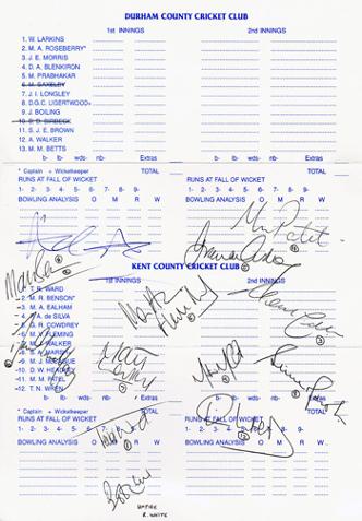 Kent CCC 1995 signed scorecard team sheet v Durham