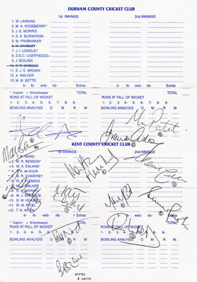Kent CCC 1995 signed scorecard team sheet v Durham