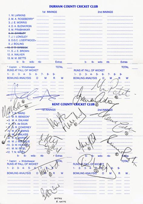 KENT CCC 1995 signed scorecard / team sheet. Signed by 12 Kent players v Durham:
